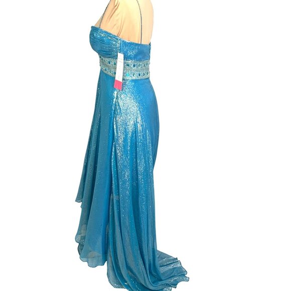 Dazzling Metallic Blue Silk Gown Flowy Prom 0 Hoco Glam Pageant Jeweled Hi-Low - Picture 5 of 11